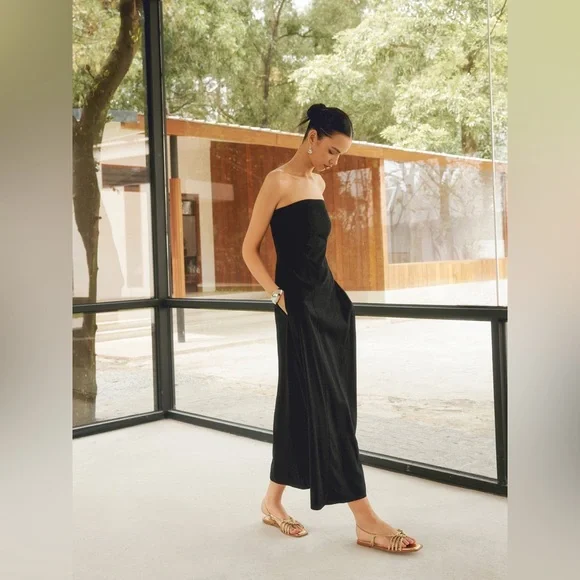 Commense Linen Blends Basic Pockets Tube Long Dress black size XS/2 - Picture 3 of 6